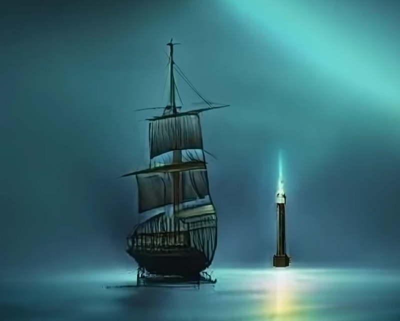 Navire guidé par un phare dans l'obscurité