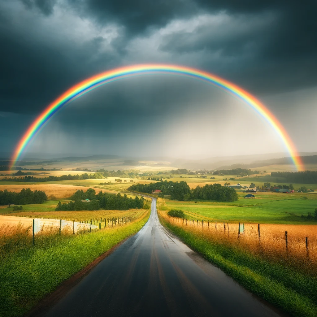 Un arc-en-ciel illumine le ciel sombre d'un paysage rural après le passage d'un orage.
