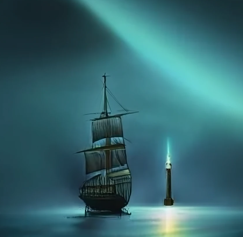 Illustration d'un bateau guidé dans la nuit par un phare