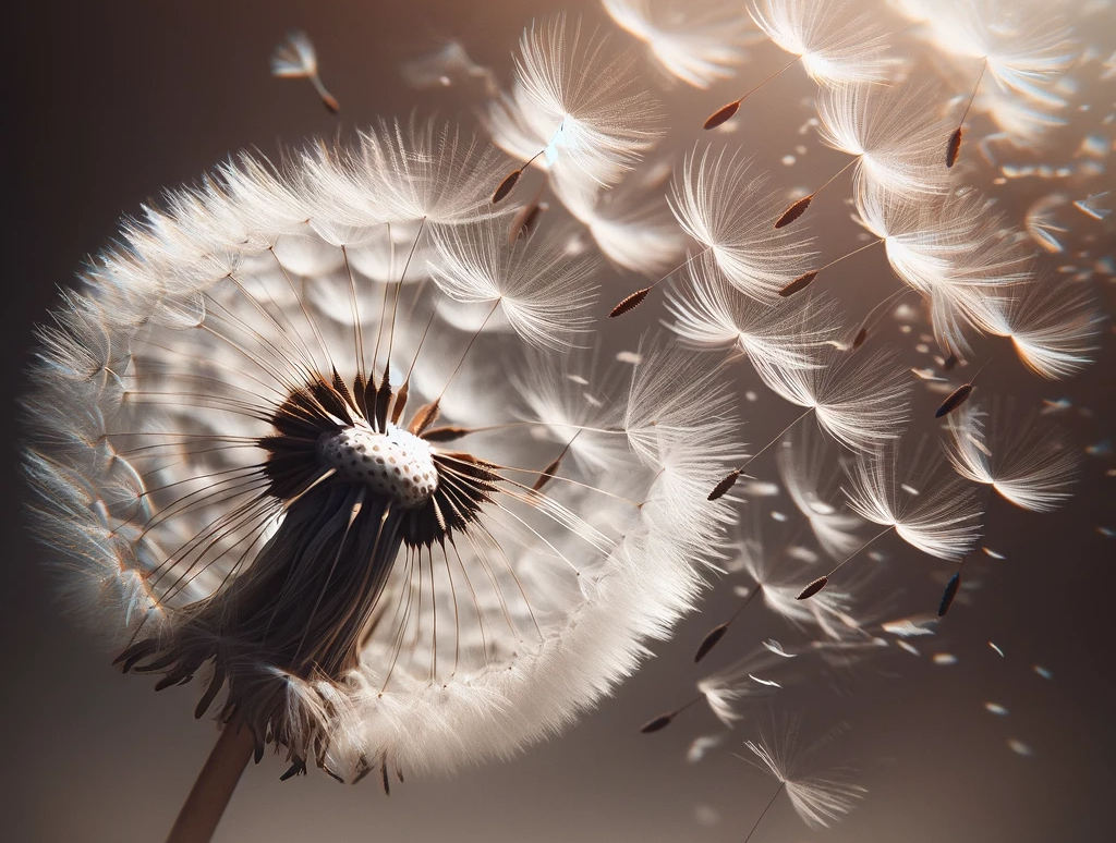Photo d'une fleur de pissenlits essaimant ses aigrettes au vent pour représenter la légèreté et la liberté de l'élément Air